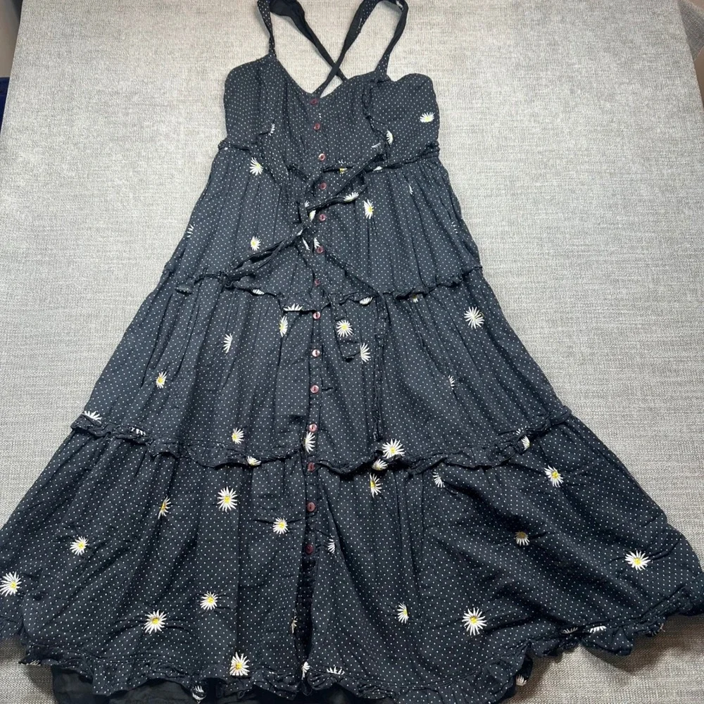 Free People Midi Dress Womens Small Black Daisy Polka Dot Boho Tiered